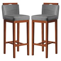 Kit 2 Banquetas Alta para Bancada Ilha 38x102 Cm Líbia Madeira Maciça Suede Cinza CCS