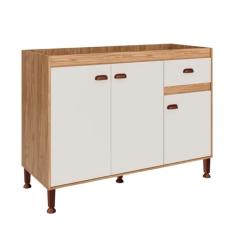 Balcão De Pia Cozinha 3 Portas 1 Gaveta 120cm Organizador Pés Com Altura Ajustável (Mel/Off White)