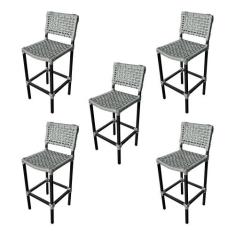 Kit 5 Banquetas Gourmet Alta Assento Curvo França em Aluminio e Corda 