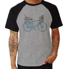 Camiseta Raglan Bicicleta e Flores - Foca na Moda, Cinza, Preto, GGG