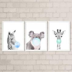 Kit 3 Quadros Bichinhos Chicletes Azul 45X34Cm