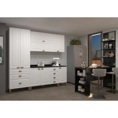 Armário De Cozinha Compacta 5 Peças Com Tampo E Bancada Com Painel Cristal Luciane Móveis Branco Polar Com Branco Pet E Preto