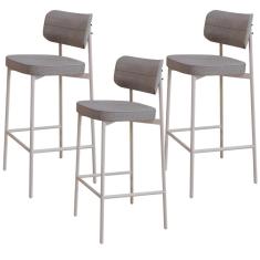 Kit 03 Banquetas Alta Bar Cozinha Sala De Jantar Aço Branco Kaira C01 Linho Cinza - Lyam Decor
