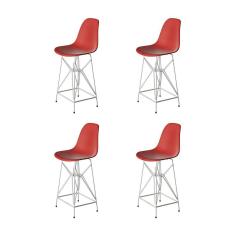 Kit 4 Banquetas Bistrô Alta Eames Vermelha Base Ferro Branco - Cor: Vermelho