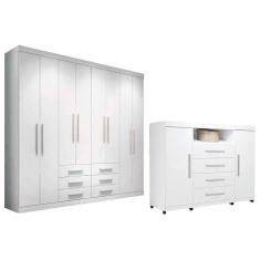 Guarda Roupa com Cômoda Casal Master 8 Portas de Bater 6 Gavetas MDP Branco Santos Andirá
