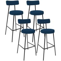 Kit 04 Banquetas Baixa Bar Cozinha Sala De Jantar Estrutura Em Aço Milão L02 Suede Azul Marinho