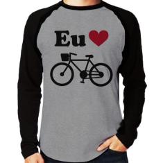 Camiseta Raglan Eu Amo Bicicleta Manga Longa - Foca na Moda, Cinza, Pr