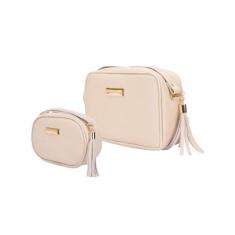 Bolsa Feminina Kit 2 Peças Quadrada Média Bege Transversal + Oval Pequ