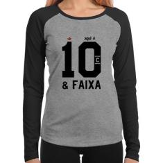 Baby Look Raglan Aqui é 10 e Faixa Manga Longa - Foca na Moda, Cinza, 