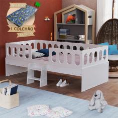 Cama Juvenil Lara Solteiro Com Escadinha E Colchão Branco - Baby Mobília
