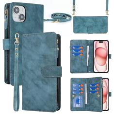 Cavor Capa carteira feminina para iPhone 15 Plus, capa de telefone para iPhone 15 Plus, capa transversal com cordão, fecho magnético de couro, bolso com zíper, suporte para cartão, capa à prova de