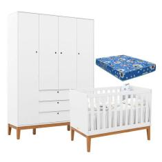 Berço Americano e Guarda Roupa Unique 4 Portas Branco Soft Eco Wood com Colchão Ortobom - Matic