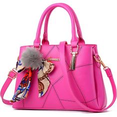 XingChen Bolsas femininas de couro bolsas de mão com alça superior bolsa de ombro para mulheres com pompom e laço, rosa, One Size