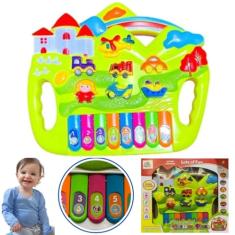 PIANINHO musical infantil com luz e SOM DOS TRANSPORTES CARRO MOTO HELICOPTERO BOMBEIRO NAVIO TREM didatico educativo interativo brinquedo ESTIMULA APRENDIZADO 15 TECLAS 26cm (VERDE CLARO)