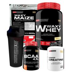 KIT -Whey Protein Waxy Whey 900g +Waxy Maize 800g +Power Creatina 100g +BCAA 100g +Coqueteleira-BB-Unissex