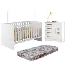 Quarto de Bebê com Berço com Colchão Suporte Life 100% Mdf e Cômoda 4 Gavetas 1 Porta Fly 100% Mdf Branco