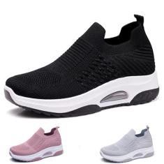 Tênis feminino de malha de malha, sem cadarço, respirável, leve, plataforma para amamentação, com suporte de arco para fascite plantar, Preto, 38