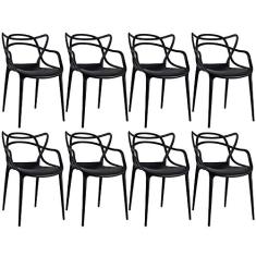 Loft7, Conjunto Kit 8 Cadeiras Design Allegra Polipropileno Injetado Alta Densidade Empilhável Sala Cozinha Jantar Bar Jardim Varanda Preto