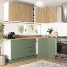 Cozinha Modulada 8 Peças 3 Aéreos 3 Balcões Adega e Toalheiro Ipanema Cabecasa Madeiramadeira Acácia/Verde Folha