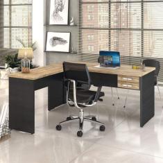 Mesa de Escritório em L 1,60x1,60M com 2 Gavetas Work30 Compace Carvalho/Preto Ônix