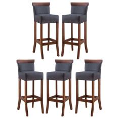Kit 5 Banquetas Alta com Encosto Estofado Diamantina em Madeira Maciça Imbuia Linho Cinza L67 RMI