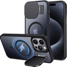 Silverback Capa para iPhone 15 Pro Max com capa de câmera, capa compatível com MagSafe com suporte embutido, capa magnética translúcida fosca à prova de choque para iPhone 15 Pro Max 6,7 polegadas - preto fosco