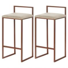 Kit 2 Banquetas Decorativa Jasmine Base Bronze Veludo Bege