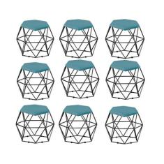 Kit 09 Puff Banqueta Aramado Mila Base Preta Hexágono Suede Azul Turqu