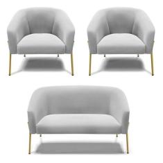 Sofá Namoradeira E 2 Poltronas Pé De Ferro Dourado Stella Suede Cinza 