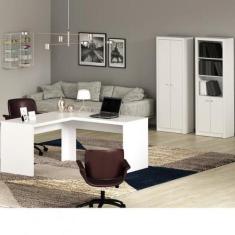 Kit 3 Peças com Mesa para Escritório em L, Armário Multiuso e Estante 