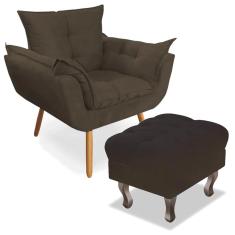 Combo Poltrona Decorativa Opala Deluxe com Puff Luis XV Suede Marrom