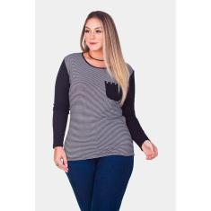 Blusa Manga Longa Malha Visco Frente Listrada com Bolso