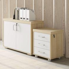 Conjunto Home Office 2 Peças Balcão Baixo 2 Portas com Gaveteiro Volante 3 Gavetas Tamburato Artany Carvalho/Branco