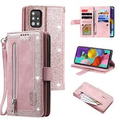 UEEBAI Capa carteira para Samsung Galaxy A51, retrô com 9 compartimentos para cartões, bolso com zíper, bolsa de mão de couro PU, fecho magnético, suporte com alça de pulso TPU à prova de choque, capa