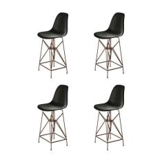 Kit 4 Banquetas Bistrô Alta Eames Preta Base Ferro Cobre - Cor: Preto 