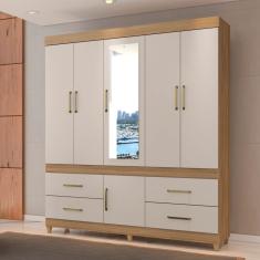Guarda Roupa Casal Guarujá 6 Portas de Bater 4 Gavetas MDP Espelho Amêndoa com Off White Demóbile