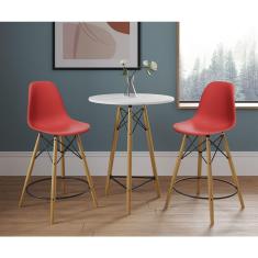 Conjunto Bistrô Eames Eiffel Mesa Branca Com 2 Banquetas Vermelhas De Madeira - Cor: Branco