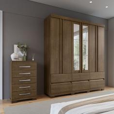 Kit Guarda Roupa Casal Arizona 6 Portas com Espelho e Cômoda 5 Gavetas Aspen I01 - Clique Chique Móveis