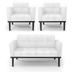 Sofá Namoradeira E Poltrona Base De Madeira Preto Elisa Corano D03 - D`rossi Cor Branco
