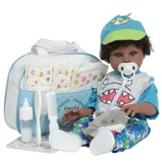 Bebê Reborn Menino Boneco Negro Enxoval Tubarãozinho Fofo - Cegonha Re
