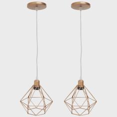 2 Pendentes Aramado Diamante Luminária Lustre Cabo Cristal 2 Mt Cobre Rose Gold P Teto Retrô Agp