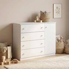 Cômoda Infantil 100% MDF 4 Gavetas e 1 Porta com Cabideiro Elisa Branc
