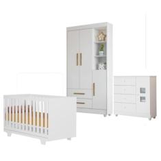 Quarto de Bebê com Berço Mini Cama, Cômoda 1 Porta 4 Gavetas e Roupeiro Flocos 3 Portas 2 Gavetas Branco