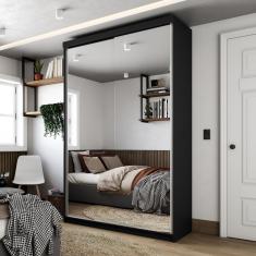 Guarda Roupa Solteiro 100% Mdf Bp Com 2 Portas De Espelho Preto
