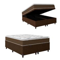 Cama Box Baú Casal Queen Colchão Molas Ensacadas Pillow Top Martino 158x198x66cm Marrom/Branco  Umaflex - Suporta até 120kg por Pessoa