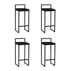 Kit 4 Banquetas Industrial Alta Bar Cozinha Bistrô Em Aço Dori Preta Assento Suede Preto