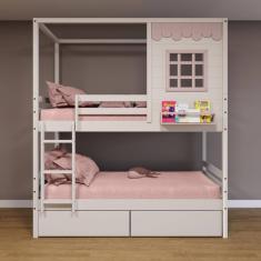 Beliche Casinha Reta com 02 Gavetas Madeira Maciça Branco/ Rosa Housin