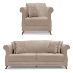Kit Poltrona e Sofá Living 2 Lugares 1,60m Vênus Linho Areia Pés Casta