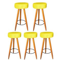 Kit 05 Banqueta Alta Flora Pés Palito em Madeira Caramelo  Bar Bistrô 