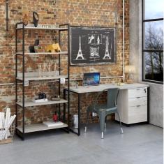 Conjunto Home Office Industrial 3 Peças 1 Escrivaninha 1 Estante E 1 Gaveteiro Kuadra Compace Snow